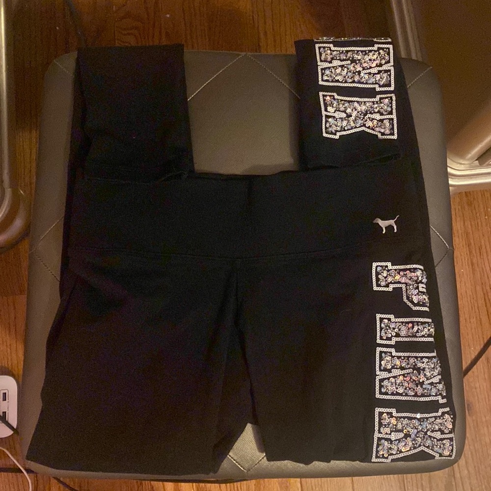 Pink Victoria secret sequin logo yoga leggings